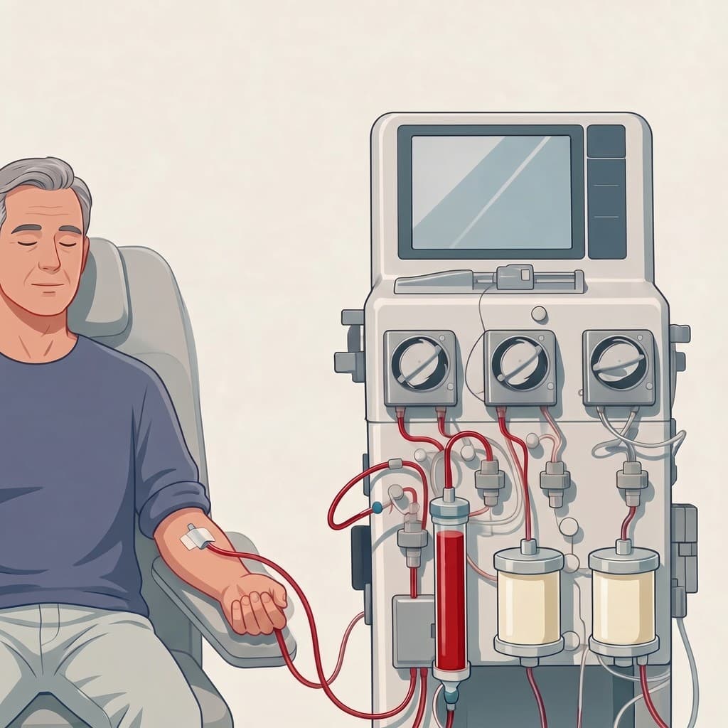 Illustration of a patient reclining in a treatment chair receiving lipoprotein apheresis, with the machine alongside