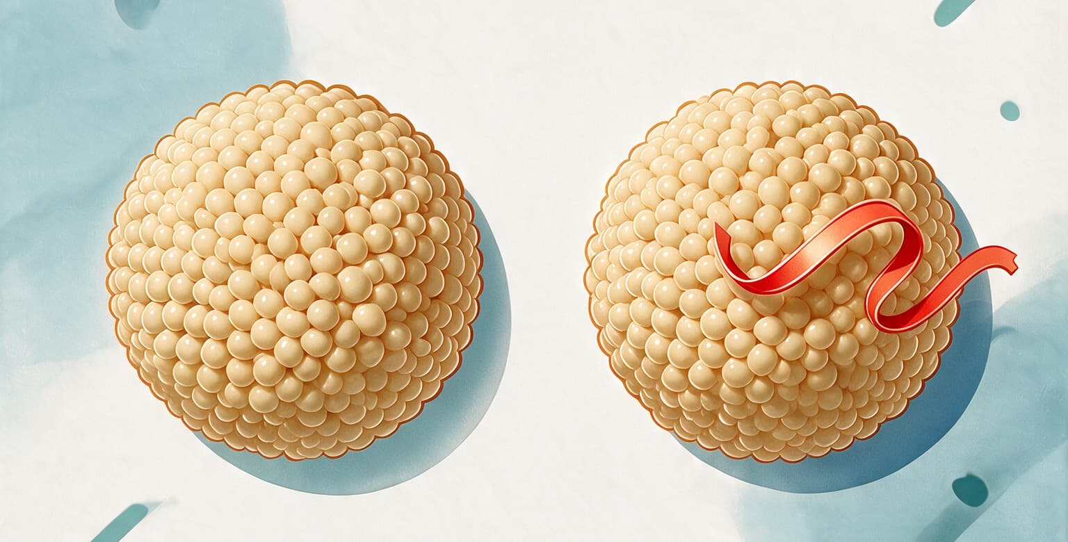 Two cholesterol particles side by side. The LDL particle on the left is a plain sphere. The Lp(a) particle on the right is the same sphere with an additional protein strand wrapped around it.