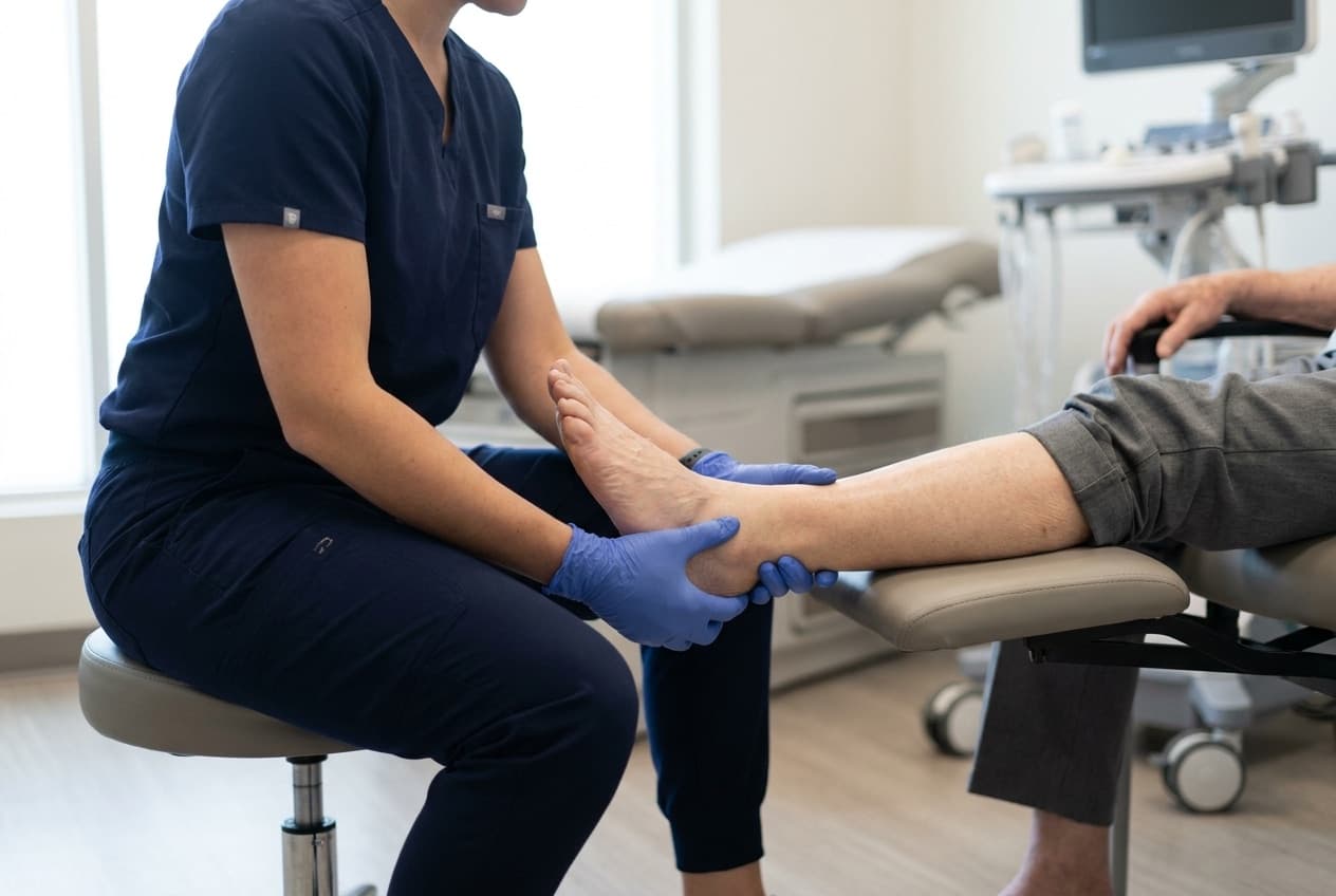 A clinician examining a seated patient's lower leg and foot during an assessment