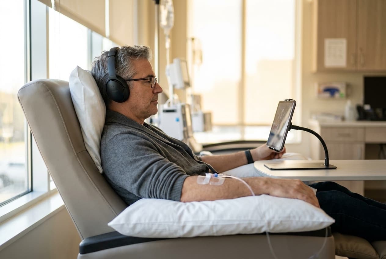 A patient reclining during a session, wearing headphones and watching a propped-up tablet