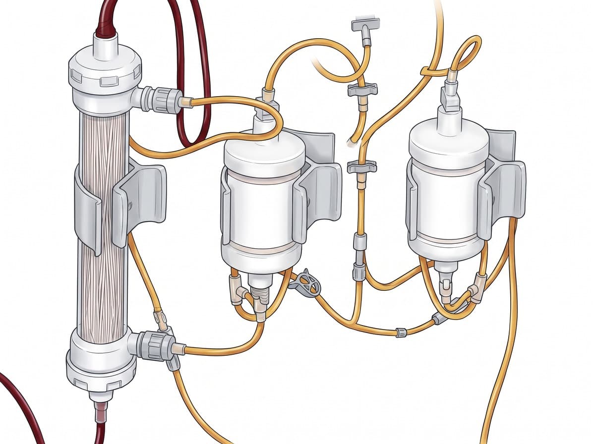 The disposable set: a hollow-fibre plasma separator carrying whole blood on the left, and two adsorption columns carrying separated plasma alongside it