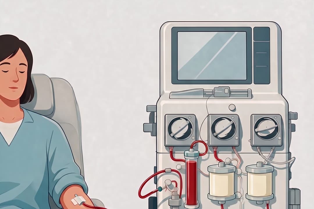 Illustration of a patient reclining in a treatment chair with a line in one arm, beside an apheresis machine