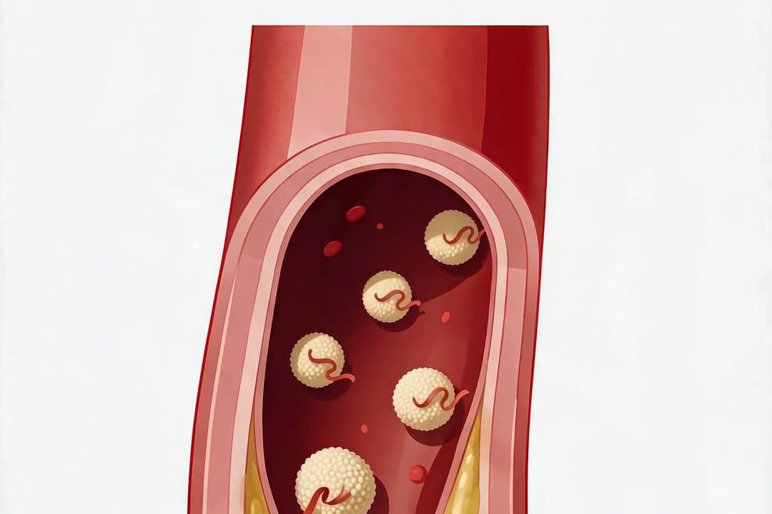 Cross-section of an artery with Lp(a) particles in the bloodstream and plaque building along the vessel wall