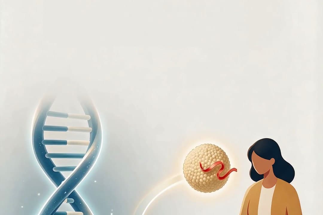An illustration of a DNA helix with an Lp(a) particle passing to a woman, showing that the level is inherited